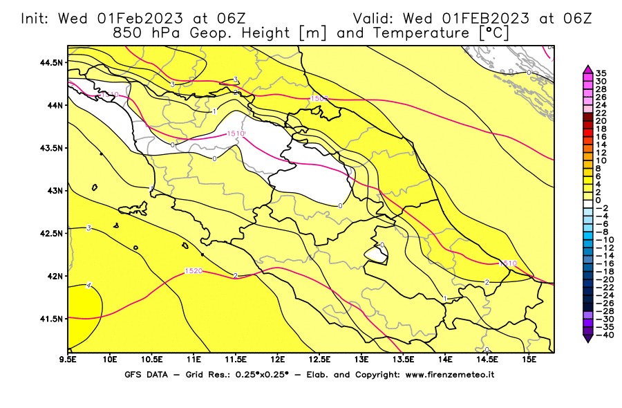 Mappa di analisi GFS - Geopotenziale [m] e Temperatura [°C] a 850 hPa in Centro-Italia
							del 01/02/2023 06 <!--googleoff: index-->UTC<!--googleon: index-->