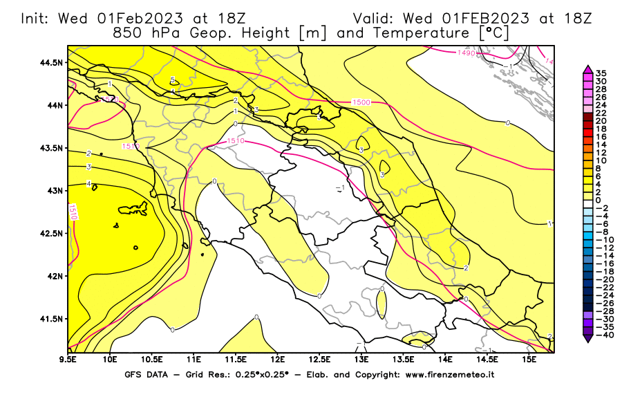 Mappa di analisi GFS - Geopotenziale [m] e Temperatura [°C] a 850 hPa in Centro-Italia
							del 01/02/2023 18 <!--googleoff: index-->UTC<!--googleon: index-->