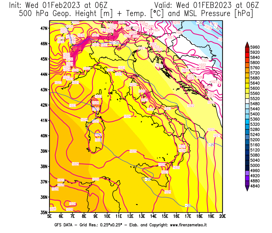 Mappa di analisi GFS - Geopotenziale [m] + Temp. [°C] a 500 hPa + Press. a livello del mare [hPa] in Italia
							del 01/02/2023 06 <!--googleoff: index-->UTC<!--googleon: index-->