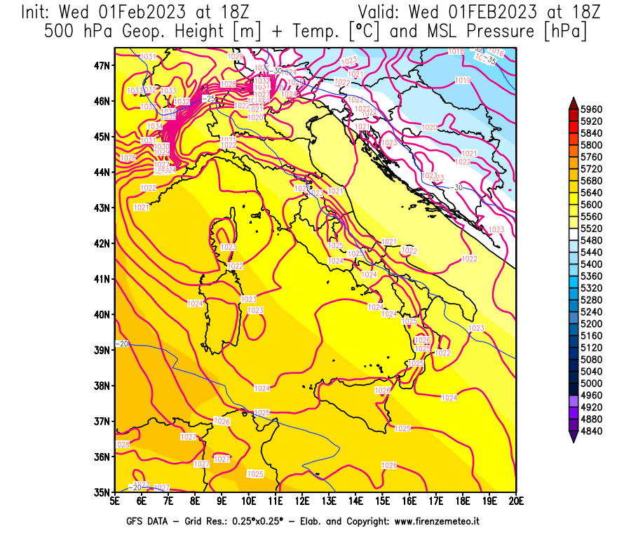 Mappa di analisi GFS - Geopotenziale [m] + Temp. [°C] a 500 hPa + Press. a livello del mare [hPa] in Italia
							del 01/02/2023 18 <!--googleoff: index-->UTC<!--googleon: index-->