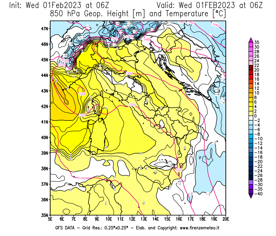 Mappa di analisi GFS - Geopotenziale [m] e Temperatura [°C] a 850 hPa in Italia
							del 01/02/2023 06 <!--googleoff: index-->UTC<!--googleon: index-->