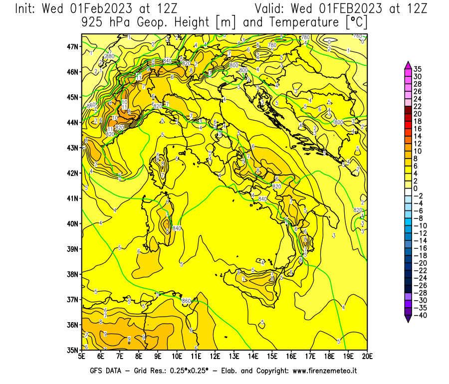 Mappa di analisi GFS - Geopotenziale [m] e Temperatura [°C] a 925 hPa in Italia
							del 01/02/2023 12 <!--googleoff: index-->UTC<!--googleon: index-->