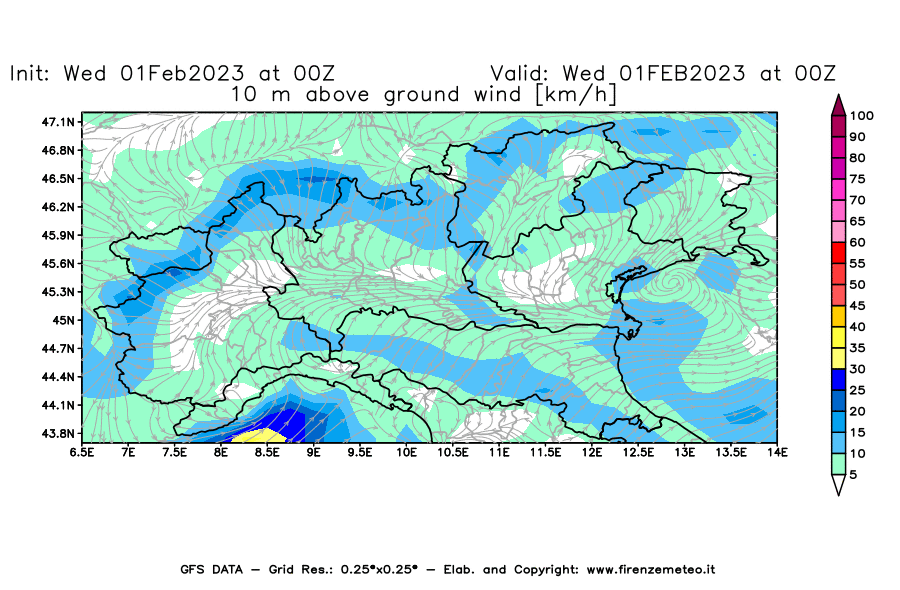Mappa di analisi GFS - Velocità del vento a 10 metri dal suolo [km/h] in Nord-Italia
							del 01/02/2023 00 <!--googleoff: index-->UTC<!--googleon: index-->