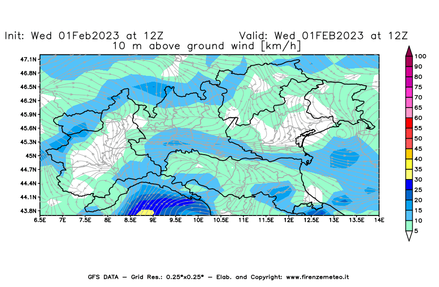 Mappa di analisi GFS - Velocità del vento a 10 metri dal suolo [km/h] in Nord-Italia
							del 01/02/2023 12 <!--googleoff: index-->UTC<!--googleon: index-->