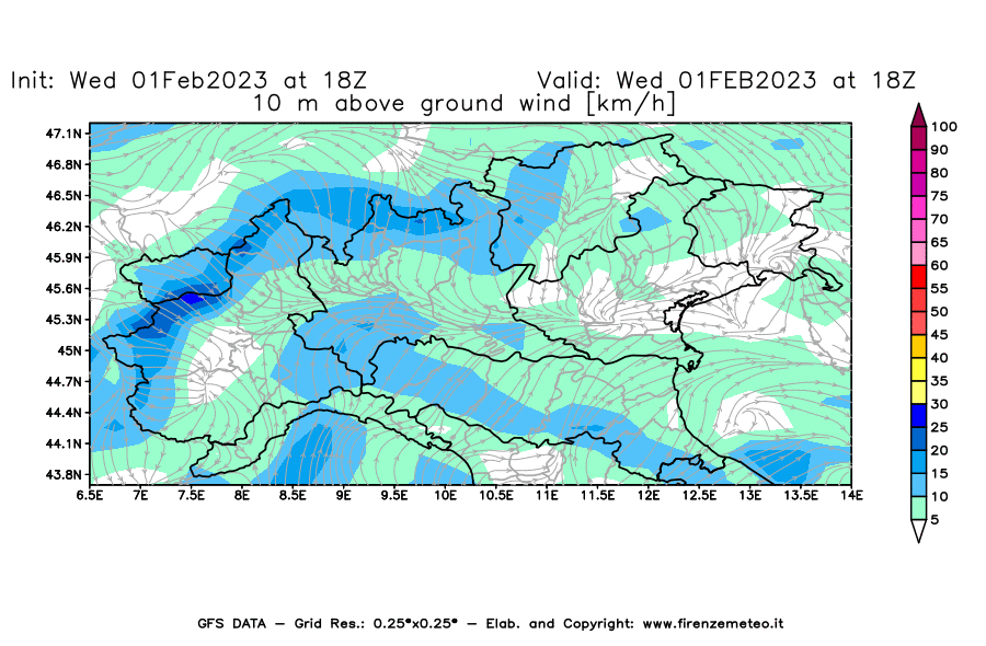 Mappa di analisi GFS - Velocità del vento a 10 metri dal suolo [km/h] in Nord-Italia
							del 01/02/2023 18 <!--googleoff: index-->UTC<!--googleon: index-->