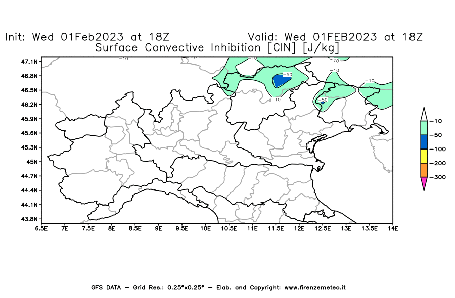 Mappa di analisi GFS - CIN [J/kg] in Nord-Italia
							del 01/02/2023 18 <!--googleoff: index-->UTC<!--googleon: index-->