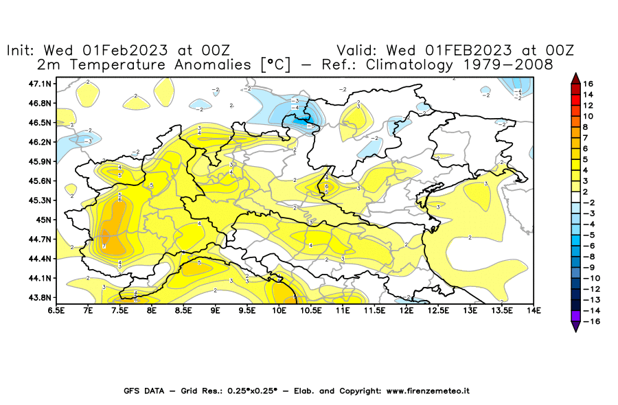 Mappa di analisi GFS - Anomalia Temperatura [°C] a 2 m in Nord-Italia
							del 01/02/2023 00 <!--googleoff: index-->UTC<!--googleon: index-->