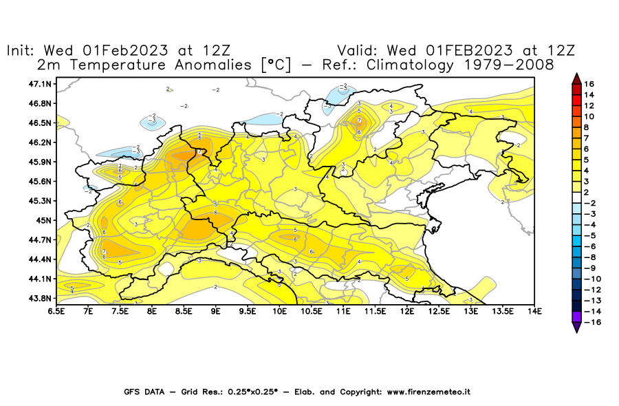 Mappa di analisi GFS - Anomalia Temperatura [°C] a 2 m in Nord-Italia
							del 01/02/2023 12 <!--googleoff: index-->UTC<!--googleon: index-->