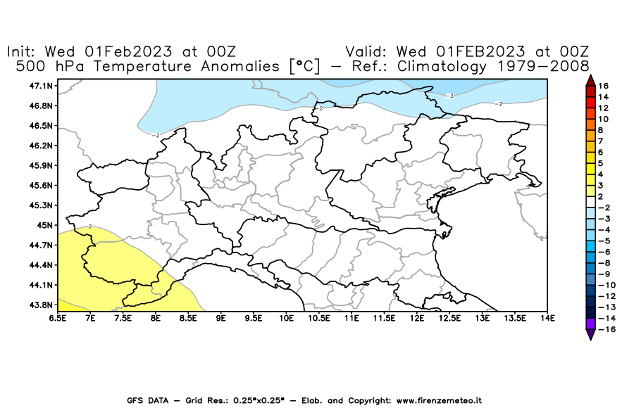 Mappa di analisi GFS - Anomalia Temperatura [°C] a 500 hPa in Nord-Italia
							del 01/02/2023 00 <!--googleoff: index-->UTC<!--googleon: index-->