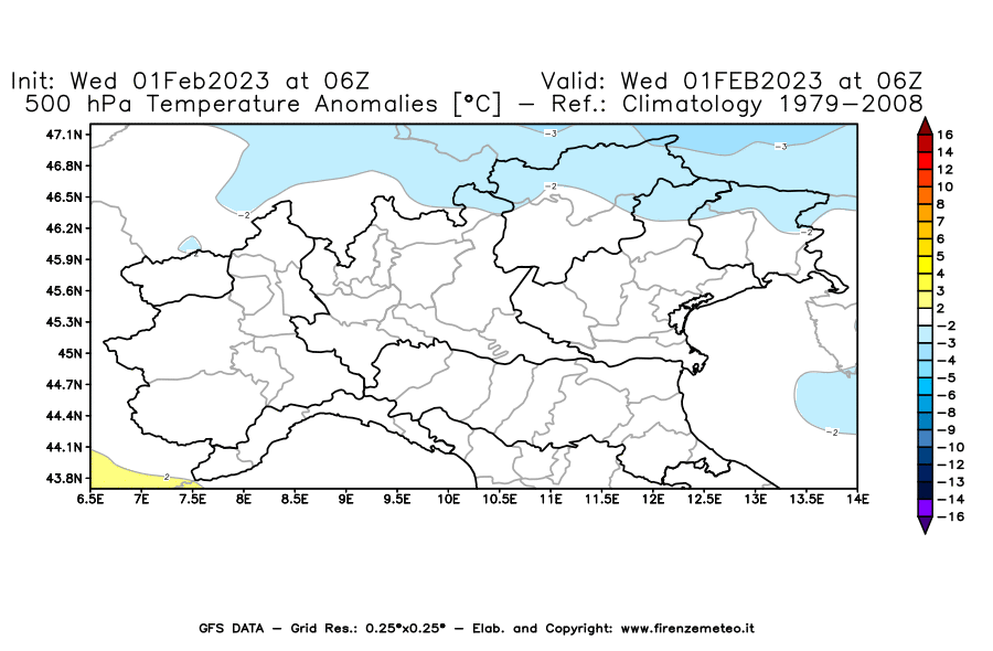 Mappa di analisi GFS - Anomalia Temperatura [°C] a 500 hPa in Nord-Italia
							del 01/02/2023 06 <!--googleoff: index-->UTC<!--googleon: index-->