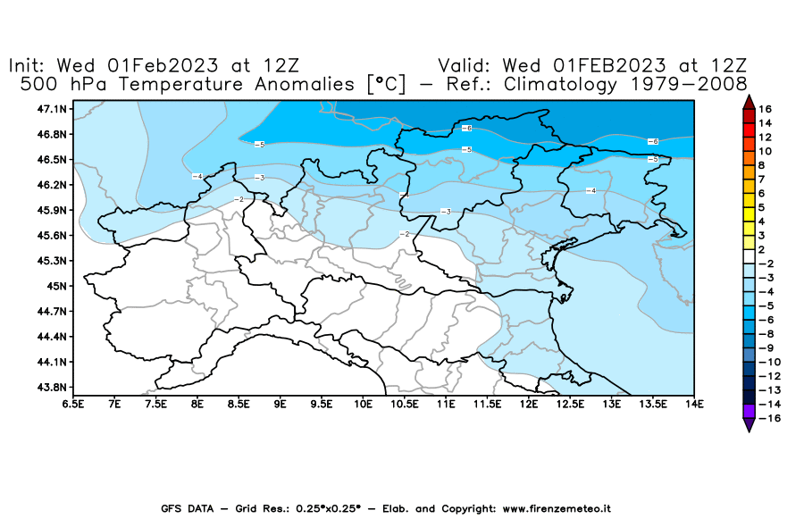 Mappa di analisi GFS - Anomalia Temperatura [°C] a 500 hPa in Nord-Italia
							del 01/02/2023 12 <!--googleoff: index-->UTC<!--googleon: index-->
