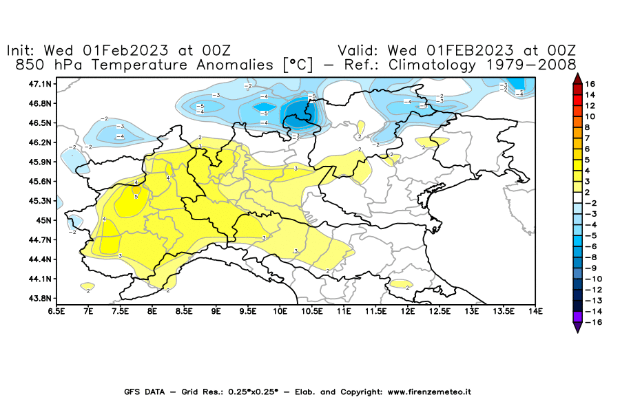 Mappa di analisi GFS - Anomalia Temperatura [°C] a 850 hPa in Nord-Italia
							del 01/02/2023 00 <!--googleoff: index-->UTC<!--googleon: index-->