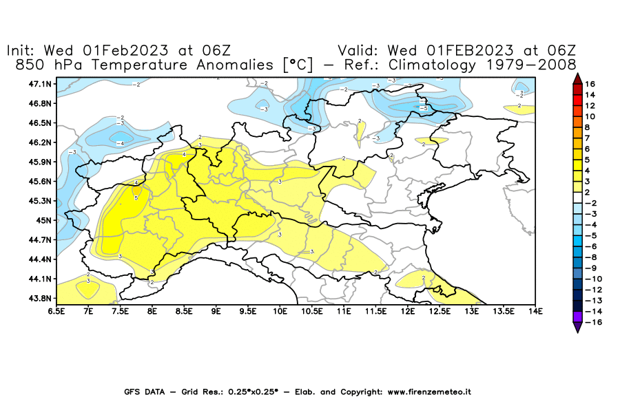 Mappa di analisi GFS - Anomalia Temperatura [°C] a 850 hPa in Nord-Italia
							del 01/02/2023 06 <!--googleoff: index-->UTC<!--googleon: index-->