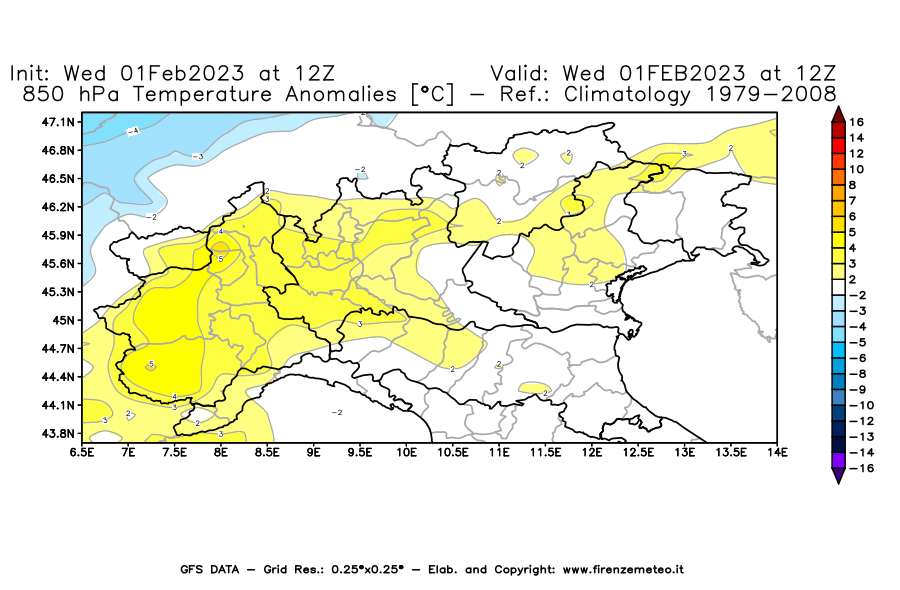 Mappa di analisi GFS - Anomalia Temperatura [°C] a 850 hPa in Nord-Italia
							del 01/02/2023 12 <!--googleoff: index-->UTC<!--googleon: index-->