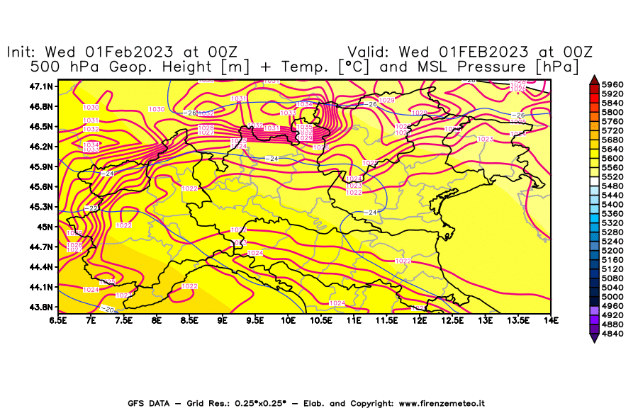 Mappa di analisi GFS - Geopotenziale [m] + Temp. [°C] a 500 hPa + Press. a livello del mare [hPa] in Nord-Italia
							del 01/02/2023 00 <!--googleoff: index-->UTC<!--googleon: index-->