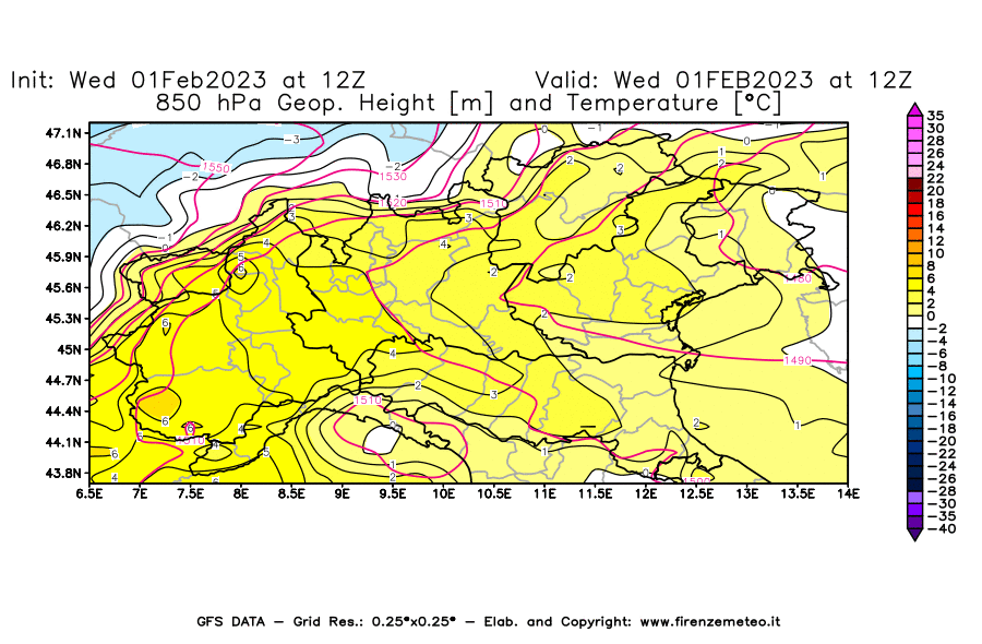 Mappa di analisi GFS - Geopotenziale [m] e Temperatura [°C] a 850 hPa in Nord-Italia
							del 01/02/2023 12 <!--googleoff: index-->UTC<!--googleon: index-->