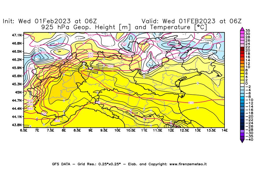 Mappa di analisi GFS - Geopotenziale [m] e Temperatura [°C] a 925 hPa in Nord-Italia
							del 01/02/2023 06 <!--googleoff: index-->UTC<!--googleon: index-->
