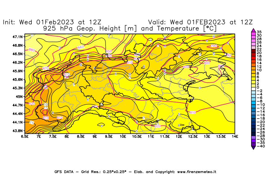 Mappa di analisi GFS - Geopotenziale [m] e Temperatura [°C] a 925 hPa in Nord-Italia
							del 01/02/2023 12 <!--googleoff: index-->UTC<!--googleon: index-->