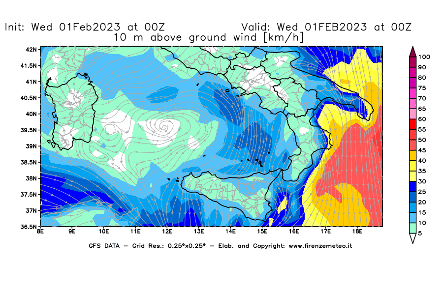 Mappa di analisi GFS - Velocità del vento a 10 metri dal suolo [km/h] in Sud-Italia
							del 01/02/2023 00 <!--googleoff: index-->UTC<!--googleon: index-->