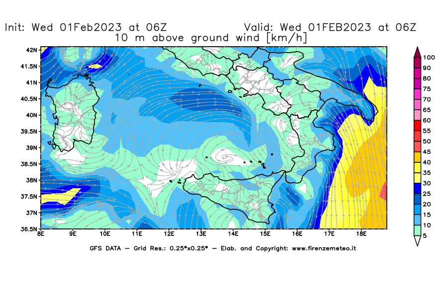 Mappa di analisi GFS - Velocità del vento a 10 metri dal suolo [km/h] in Sud-Italia
							del 01/02/2023 06 <!--googleoff: index-->UTC<!--googleon: index-->