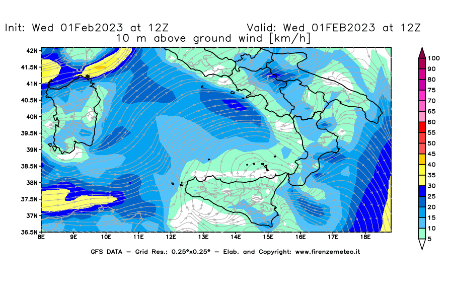 Mappa di analisi GFS - Velocità del vento a 10 metri dal suolo [km/h] in Sud-Italia
							del 01/02/2023 12 <!--googleoff: index-->UTC<!--googleon: index-->