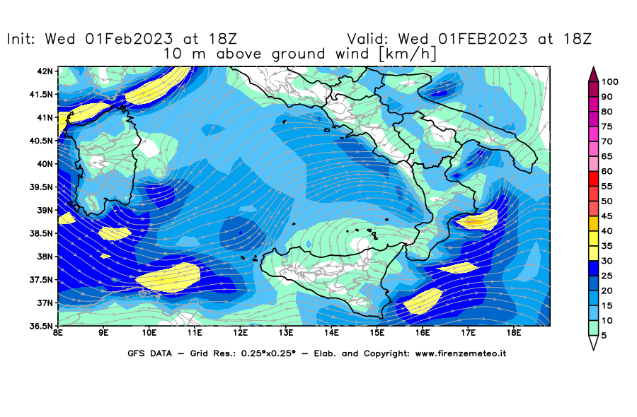 Mappa di analisi GFS - Velocità del vento a 10 metri dal suolo [km/h] in Sud-Italia
							del 01/02/2023 18 <!--googleoff: index-->UTC<!--googleon: index-->