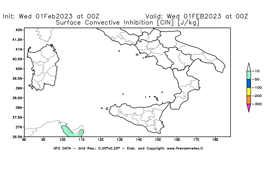 Mappa di analisi GFS - CIN [J/kg] in Sud-Italia
							del 01/02/2023 00 <!--googleoff: index-->UTC<!--googleon: index-->