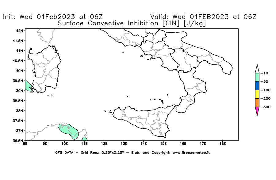 Mappa di analisi GFS - CIN [J/kg] in Sud-Italia
							del 01/02/2023 06 <!--googleoff: index-->UTC<!--googleon: index-->