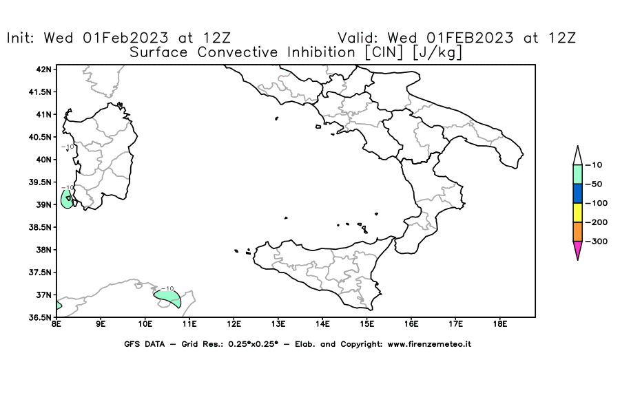 Mappa di analisi GFS - CIN [J/kg] in Sud-Italia
							del 01/02/2023 12 <!--googleoff: index-->UTC<!--googleon: index-->
