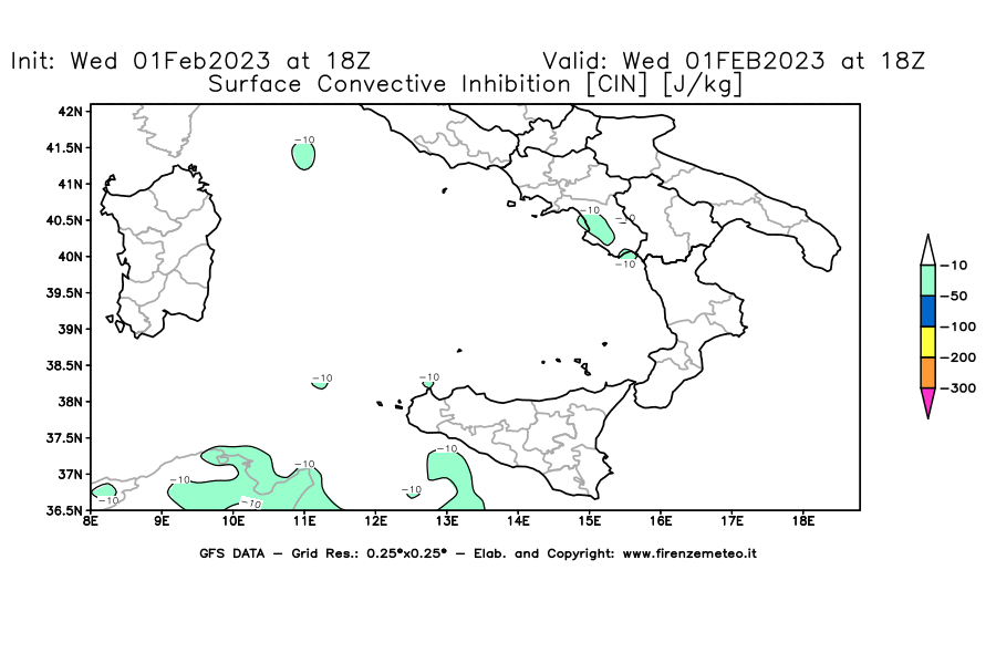 Mappa di analisi GFS - CIN [J/kg] in Sud-Italia
							del 01/02/2023 18 <!--googleoff: index-->UTC<!--googleon: index-->