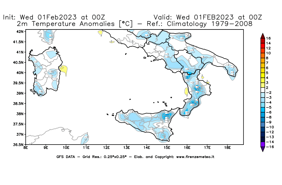 Mappa di analisi GFS - Anomalia Temperatura [°C] a 2 m in Sud-Italia
							del 01/02/2023 00 <!--googleoff: index-->UTC<!--googleon: index-->
