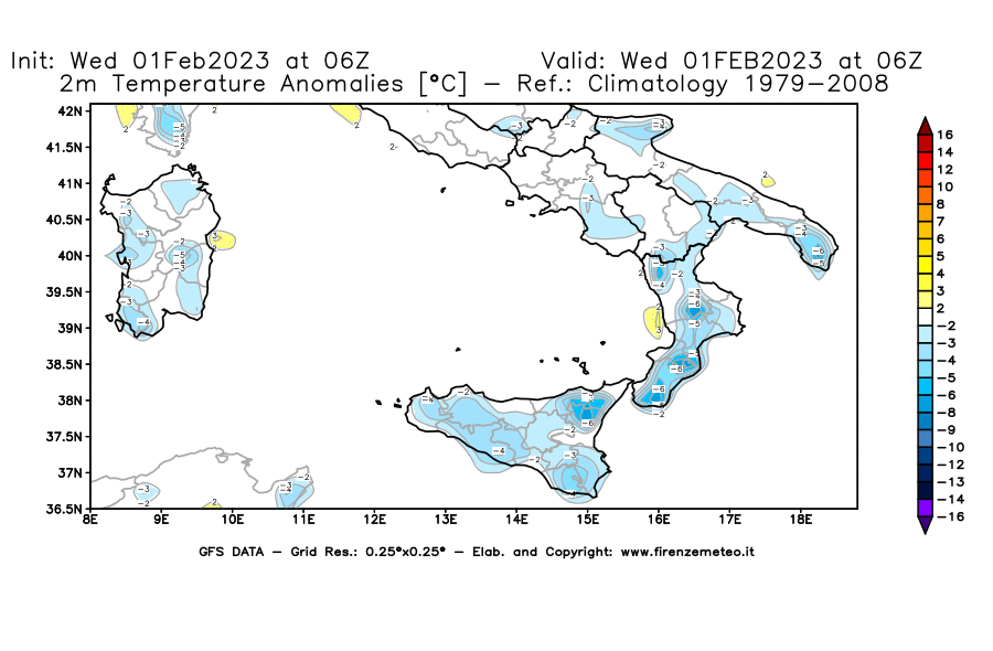 Mappa di analisi GFS - Anomalia Temperatura [°C] a 2 m in Sud-Italia
							del 01/02/2023 06 <!--googleoff: index-->UTC<!--googleon: index-->