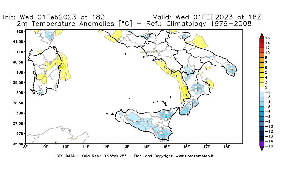 Mappa di analisi GFS - Anomalia Temperatura [°C] a 2 m in Sud-Italia
							del 01/02/2023 18 <!--googleoff: index-->UTC<!--googleon: index-->