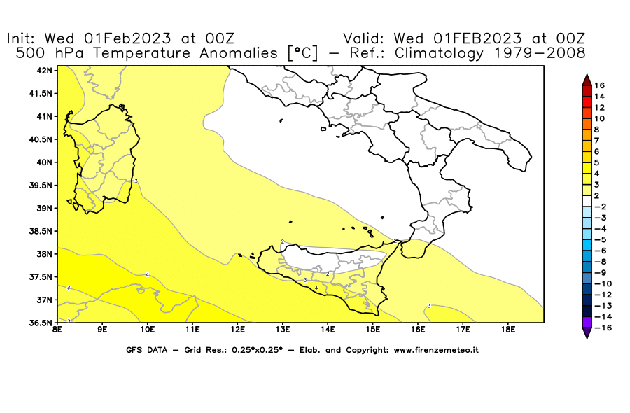 Mappa di analisi GFS - Anomalia Temperatura [°C] a 500 hPa in Sud-Italia
							del 01/02/2023 00 <!--googleoff: index-->UTC<!--googleon: index-->
