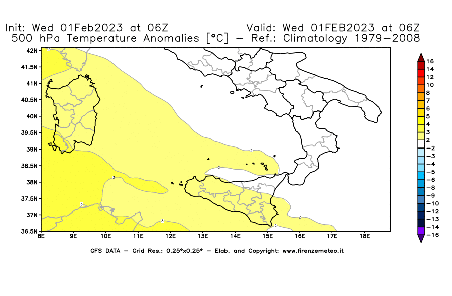 Mappa di analisi GFS - Anomalia Temperatura [°C] a 500 hPa in Sud-Italia
							del 01/02/2023 06 <!--googleoff: index-->UTC<!--googleon: index-->
