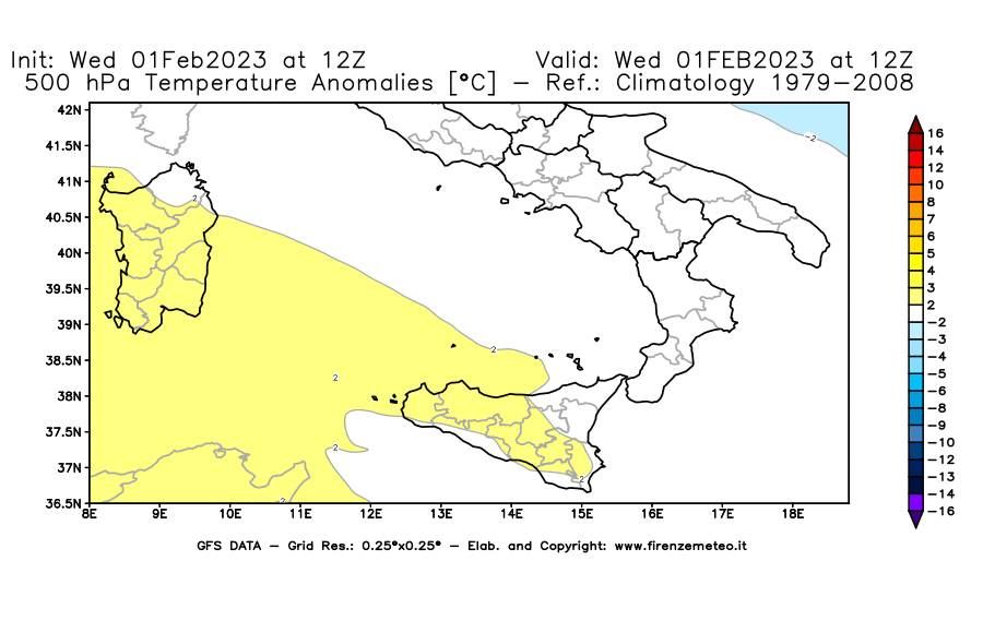 Mappa di analisi GFS - Anomalia Temperatura [°C] a 500 hPa in Sud-Italia
							del 01/02/2023 12 <!--googleoff: index-->UTC<!--googleon: index-->