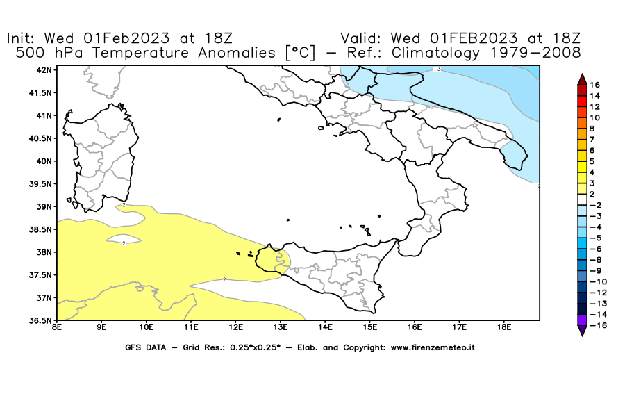 Mappa di analisi GFS - Anomalia Temperatura [°C] a 500 hPa in Sud-Italia
							del 01/02/2023 18 <!--googleoff: index-->UTC<!--googleon: index-->