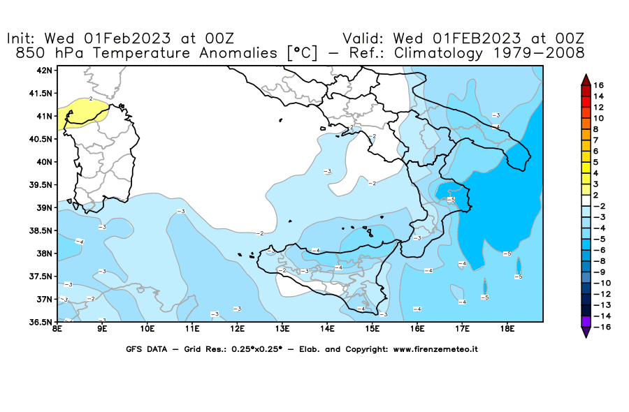 Mappa di analisi GFS - Anomalia Temperatura [°C] a 850 hPa in Sud-Italia
							del 01/02/2023 00 <!--googleoff: index-->UTC<!--googleon: index-->