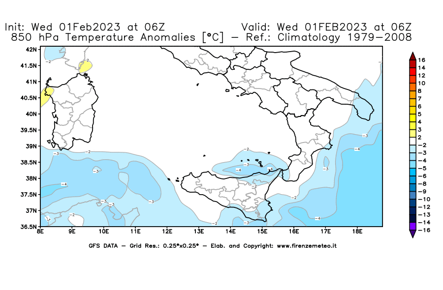Mappa di analisi GFS - Anomalia Temperatura [°C] a 850 hPa in Sud-Italia
							del 01/02/2023 06 <!--googleoff: index-->UTC<!--googleon: index-->
