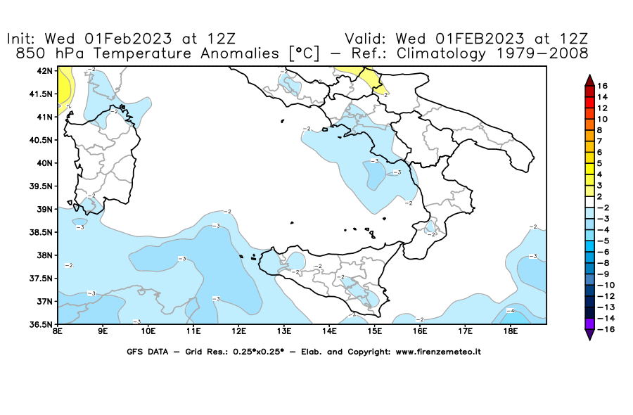 Mappa di analisi GFS - Anomalia Temperatura [°C] a 850 hPa in Sud-Italia
							del 01/02/2023 12 <!--googleoff: index-->UTC<!--googleon: index-->