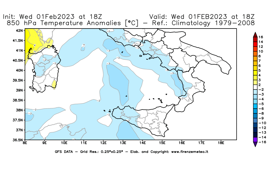 Mappa di analisi GFS - Anomalia Temperatura [°C] a 850 hPa in Sud-Italia
							del 01/02/2023 18 <!--googleoff: index-->UTC<!--googleon: index-->
