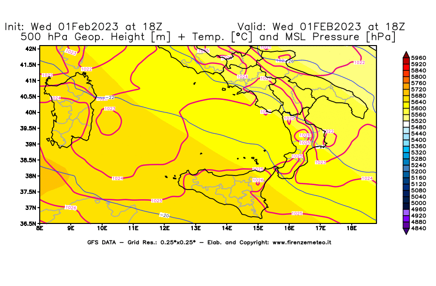 Mappa di analisi GFS - Geopotenziale [m] + Temp. [°C] a 500 hPa + Press. a livello del mare [hPa] in Sud-Italia
							del 01/02/2023 18 <!--googleoff: index-->UTC<!--googleon: index-->