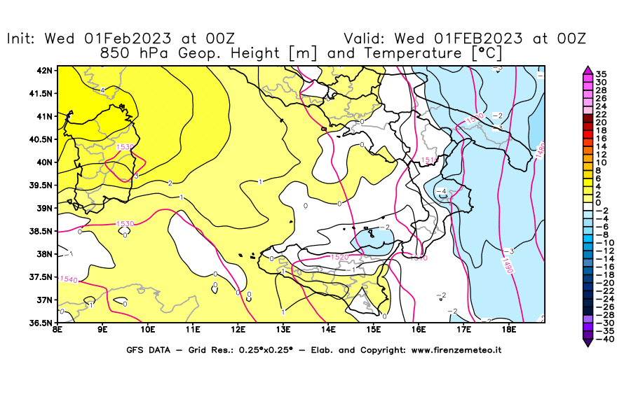 Mappa di analisi GFS - Geopotenziale [m] e Temperatura [°C] a 850 hPa in Sud-Italia
							del 01/02/2023 00 <!--googleoff: index-->UTC<!--googleon: index-->