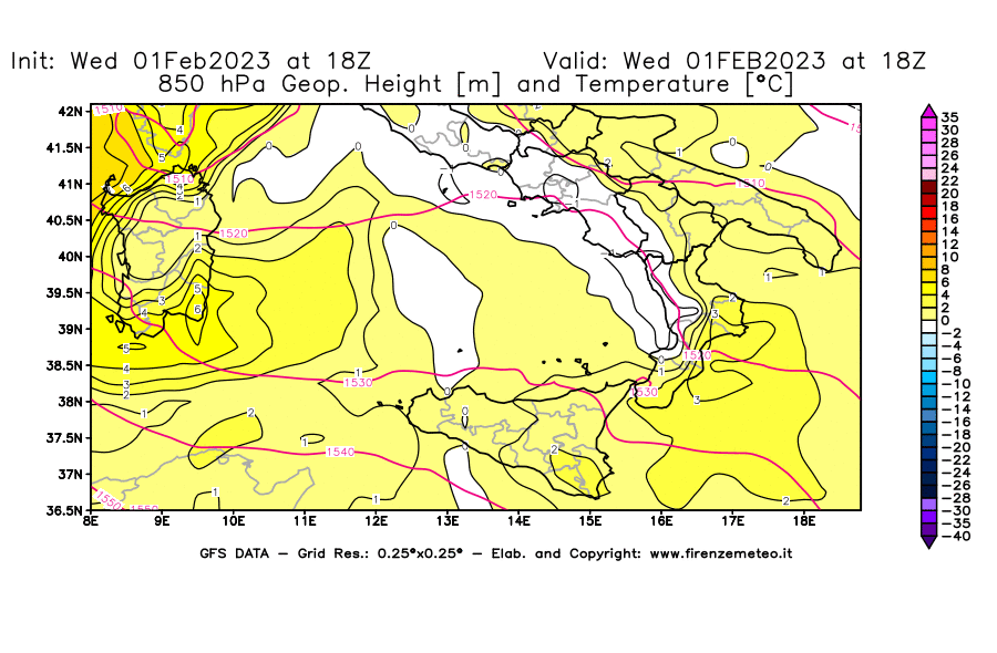 Mappa di analisi GFS - Geopotenziale [m] e Temperatura [°C] a 850 hPa in Sud-Italia
							del 01/02/2023 18 <!--googleoff: index-->UTC<!--googleon: index-->