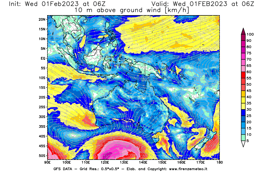 Mappa di analisi GFS - Velocità del vento a 10 metri dal suolo [km/h] in Oceania
							del 01/02/2023 06 <!--googleoff: index-->UTC<!--googleon: index-->