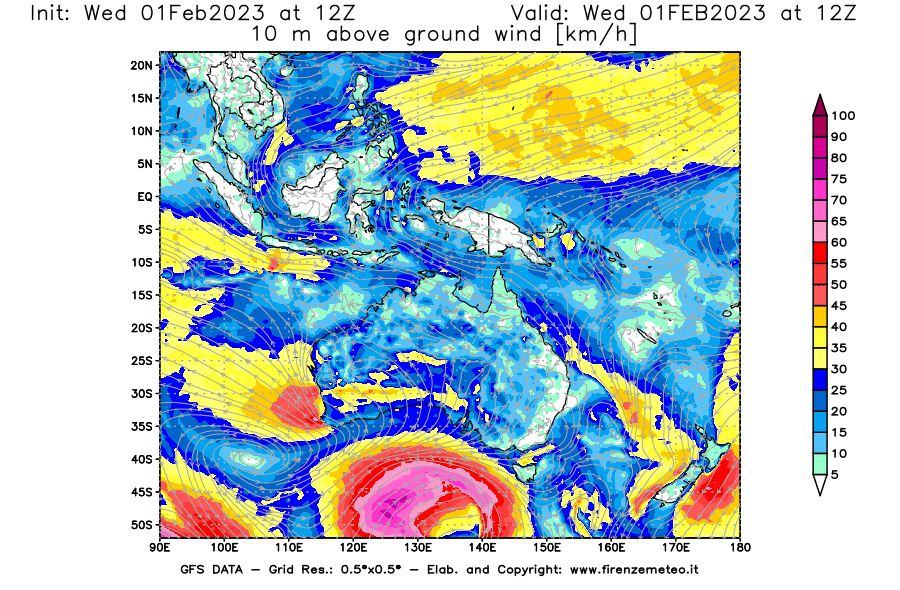 Mappa di analisi GFS - Velocità del vento a 10 metri dal suolo [km/h] in Oceania
							del 01/02/2023 12 <!--googleoff: index-->UTC<!--googleon: index-->