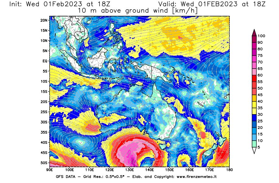 Mappa di analisi GFS - Velocità del vento a 10 metri dal suolo [km/h] in Oceania
							del 01/02/2023 18 <!--googleoff: index-->UTC<!--googleon: index-->