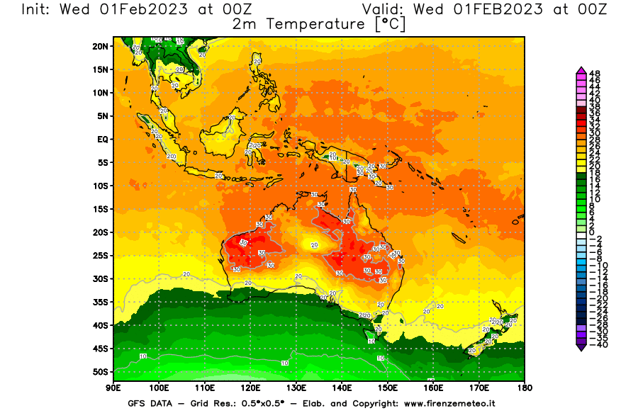 Mappa di analisi GFS - Temperatura a 2 metri dal suolo [°C] in Oceania
							del 01/02/2023 00 <!--googleoff: index-->UTC<!--googleon: index-->