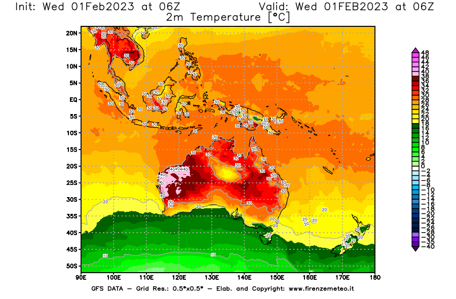 Mappa di analisi GFS - Temperatura a 2 metri dal suolo [°C] in Oceania
							del 01/02/2023 06 <!--googleoff: index-->UTC<!--googleon: index-->