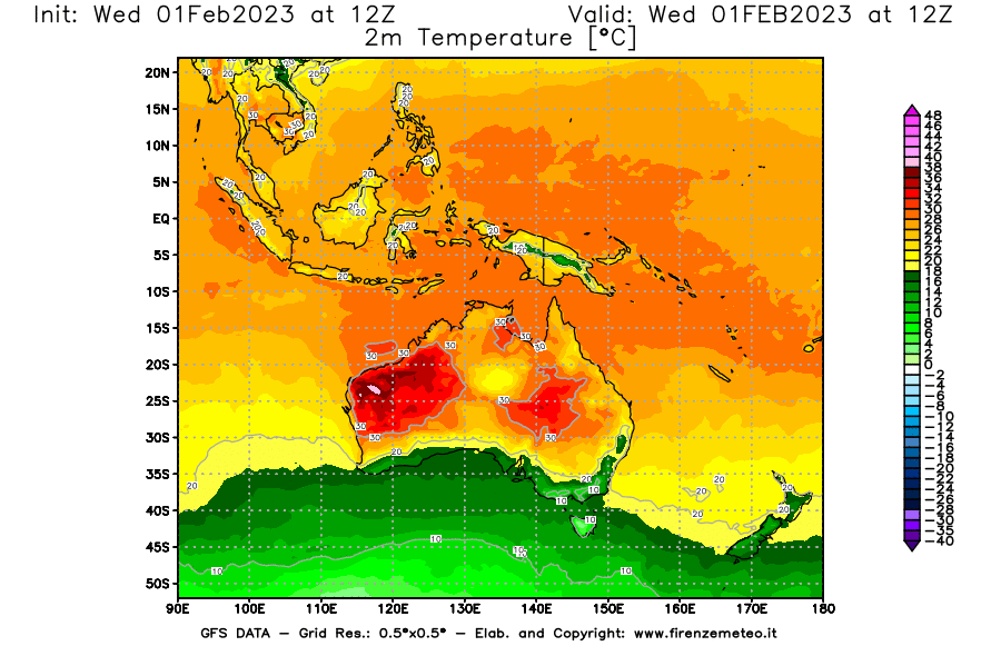 Mappa di analisi GFS - Temperatura a 2 metri dal suolo [°C] in Oceania
							del 01/02/2023 12 <!--googleoff: index-->UTC<!--googleon: index-->